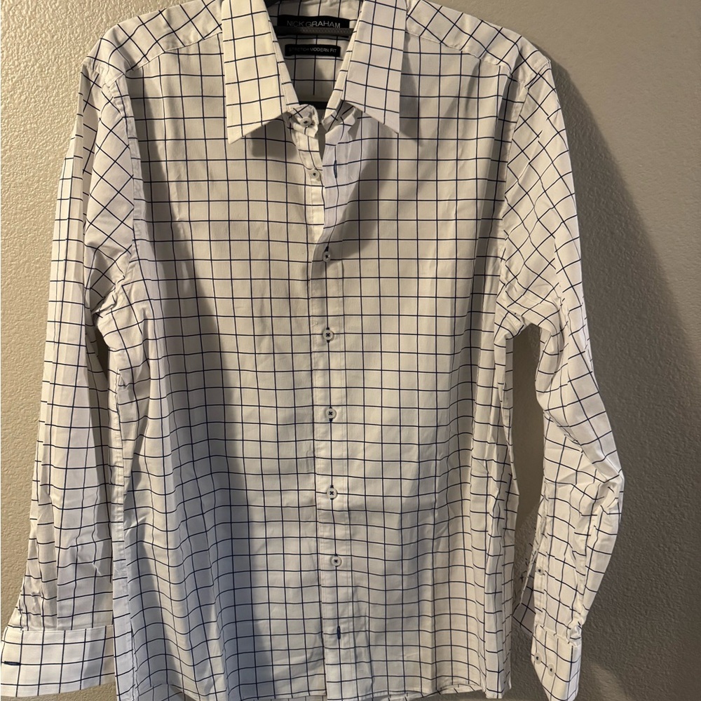 Unlisted by Kenneth Cole White and Blue Dress Shirt with Classic Check Pattern